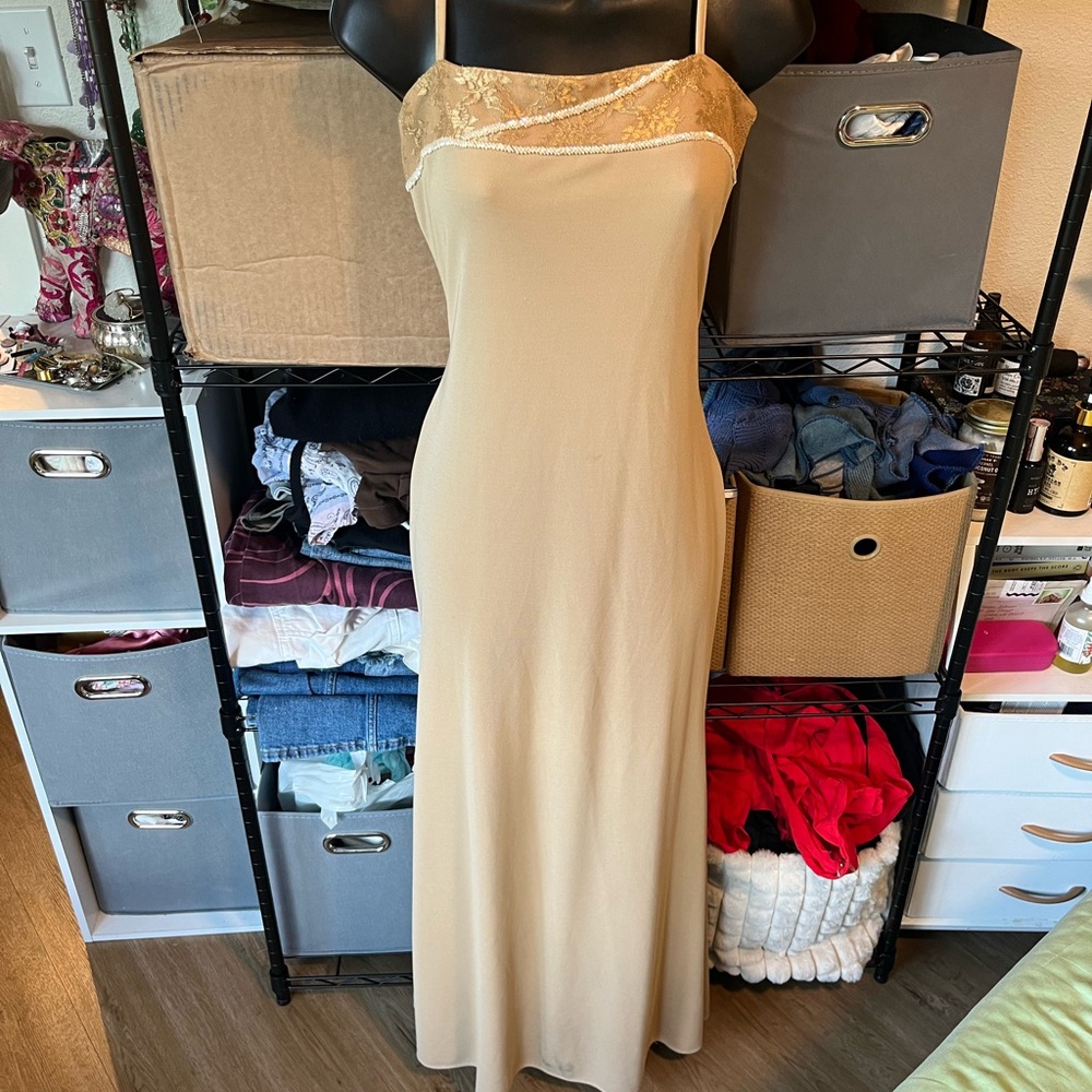 Cream Lace-Trim Slip Maxi Dress with Spaghetti Straps